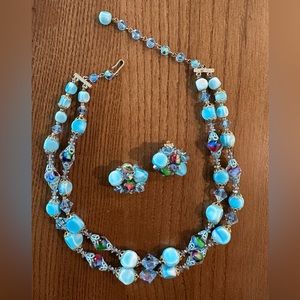 Vintage beaded necklace and clip on earring set